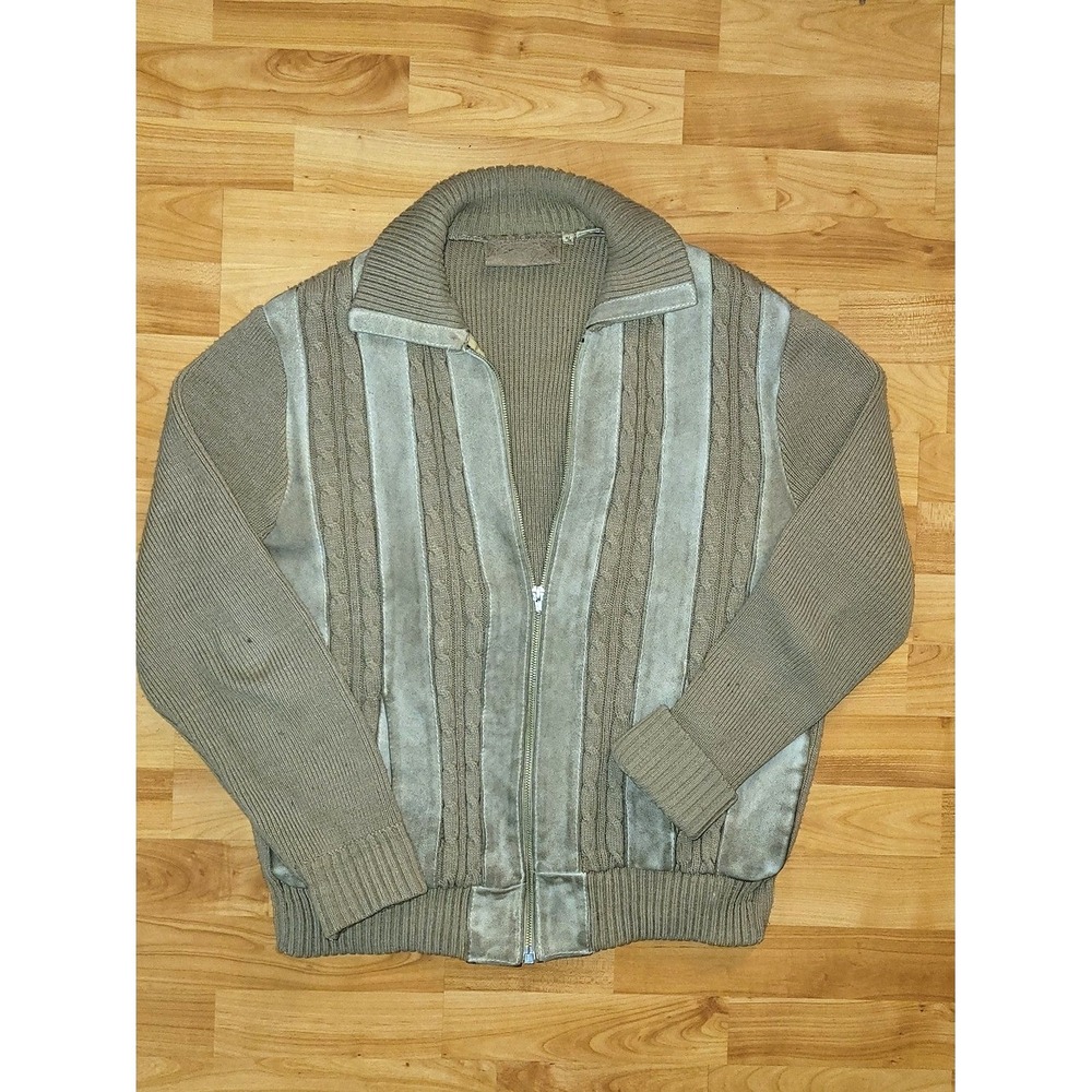 True Vintage 70-80s ZELLERS Nylon Leather Panel Knit Zip Cardigan Sweater Medium